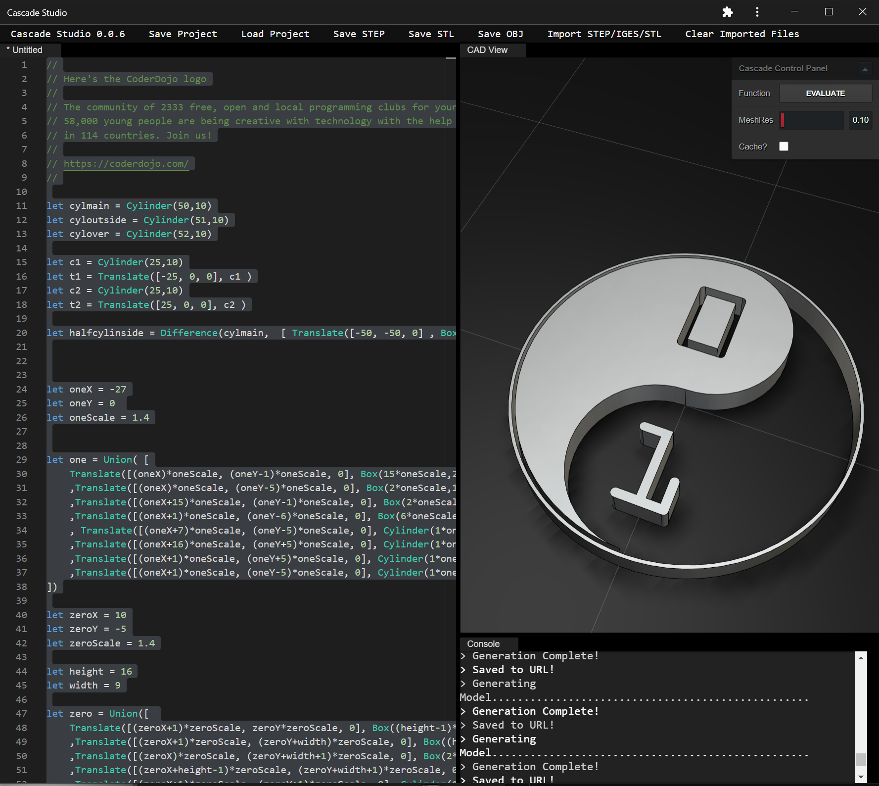 Image of Cascade Studio showing the CoderDojo logo rendered and the code that generated it. 